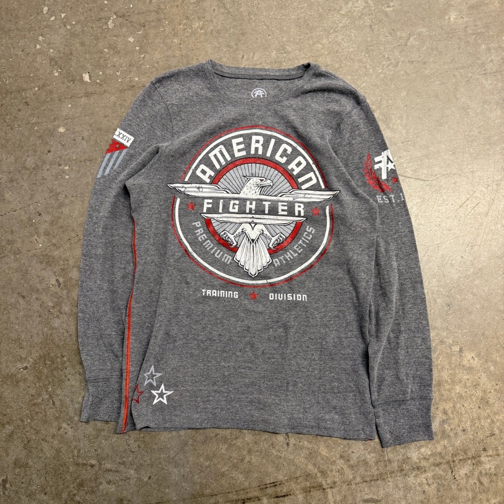 American Fighter Mens Thermal Shirt Grey Long Sleeve Graphic Waffle Knit Size M
